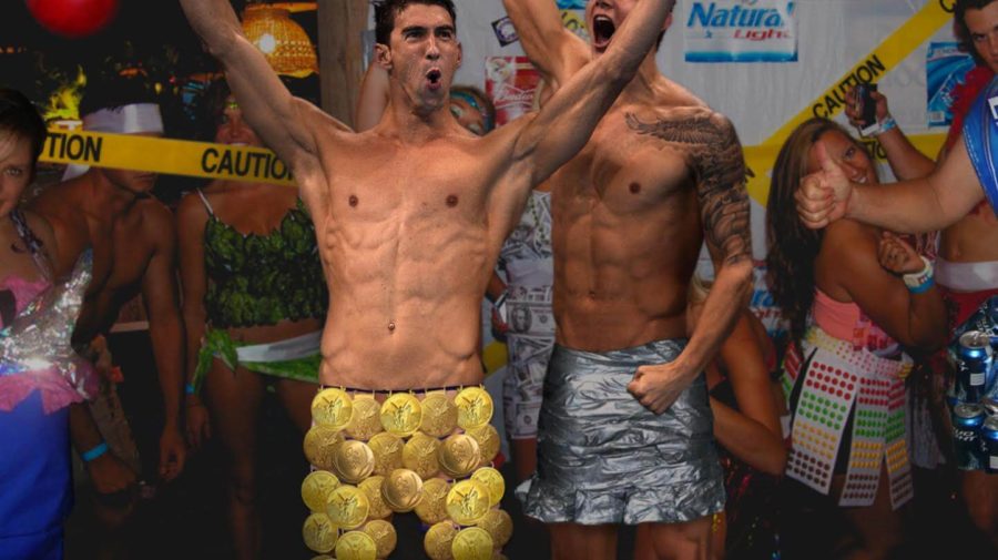 phelps rocks pants made of gold medals to anything but clothes party
